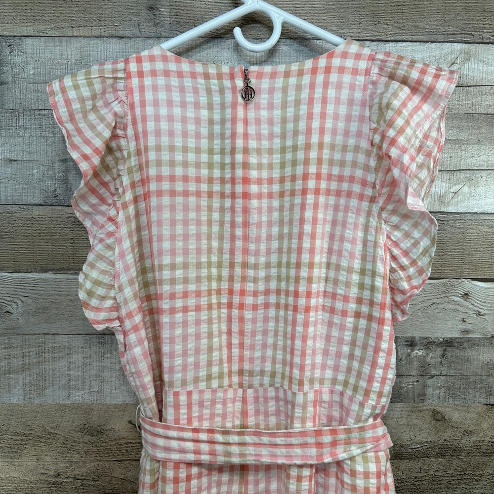 Tommy Hilfiger Pink Gingham Seersucker Ruffle Dress Womens 14‎ Plaid Belted Mini - Picture 3 of 10